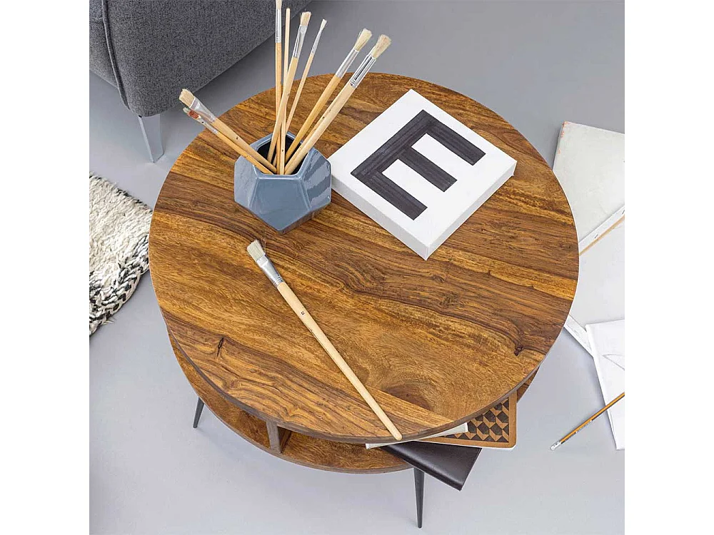 Rundtisch aus Sheesham Massivholz und Edelstahl 60 cm breit