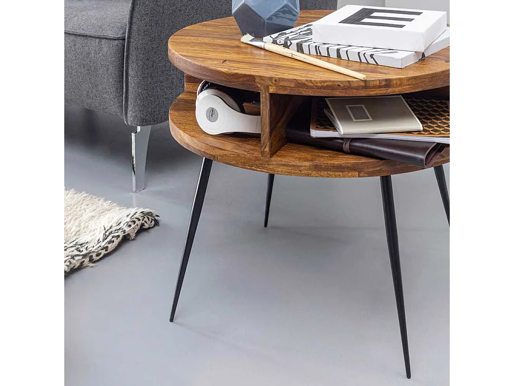 Rundtisch aus Sheesham Massivholz und Edelstahl 60 cm breit