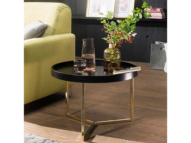 Tablett Sofatisch in Schwarz und Goldfarben rund