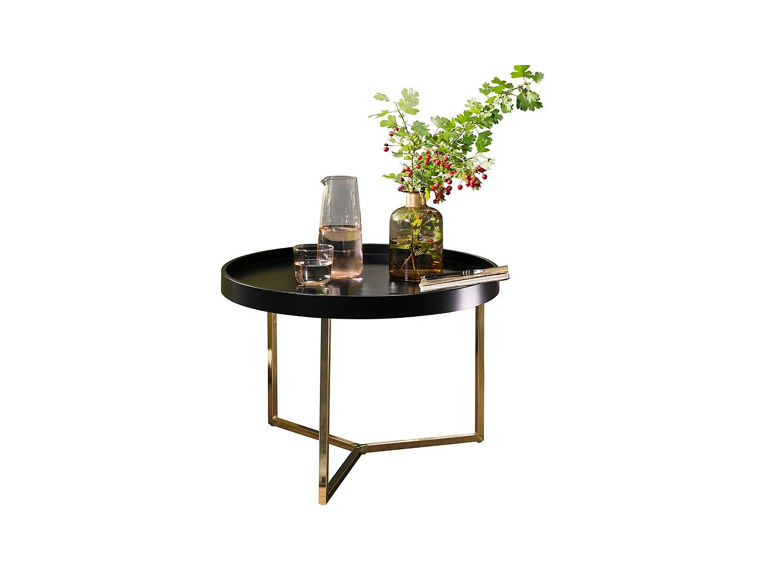 Tablett Sofatisch in Schwarz und Goldfarben rund