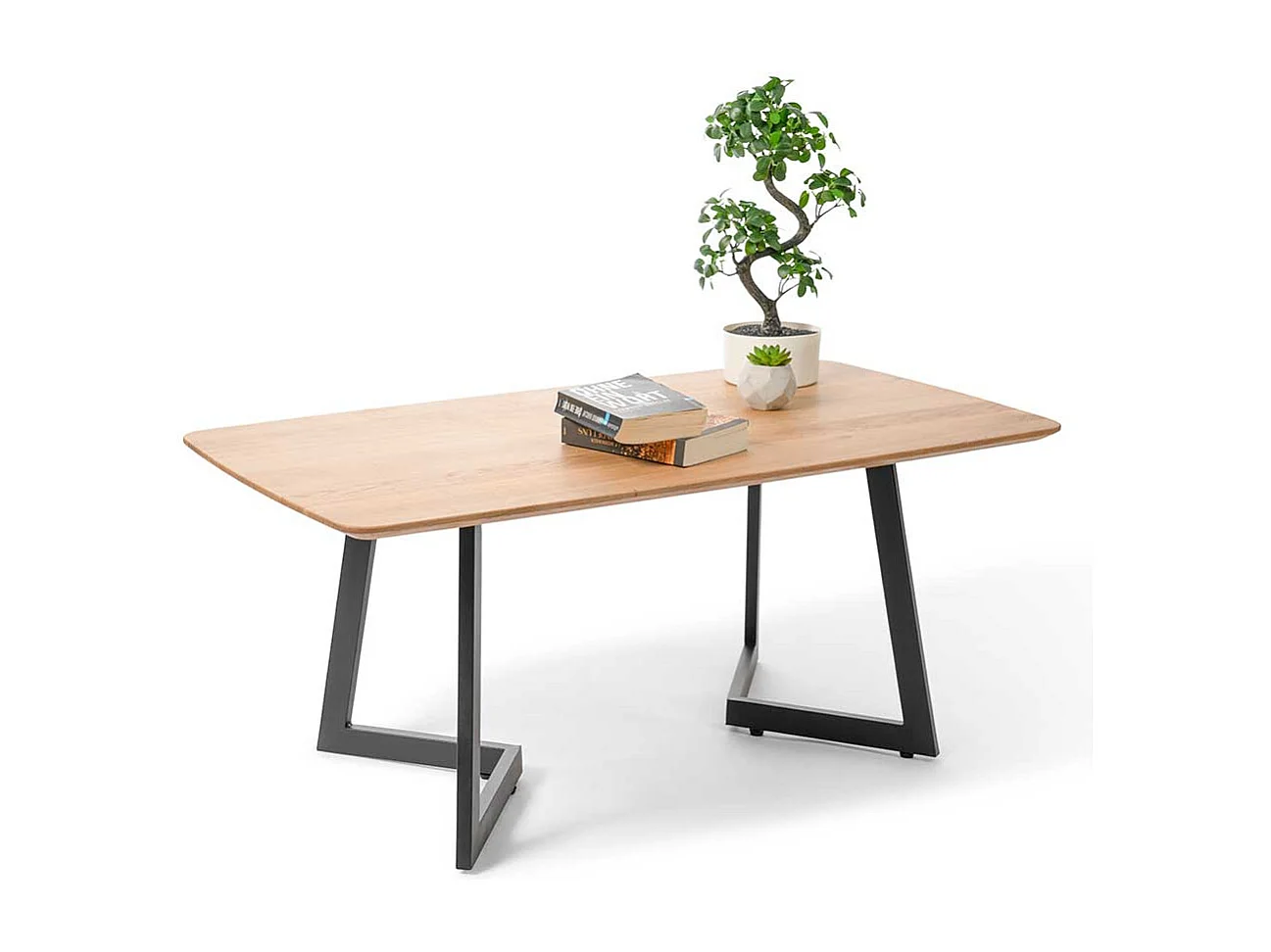 Wohnzimmertisch aus Wildeiche Massivholz und Metall Bügelgestell