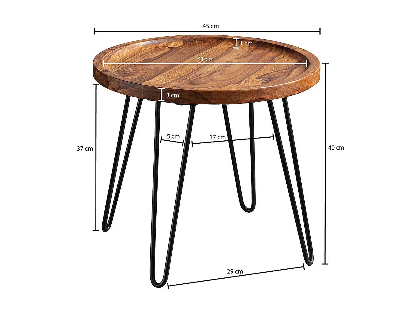 Salontisch aus Sheesham Massivholz und Edelstahl rund