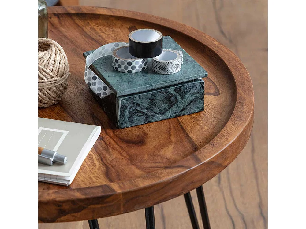 Salontisch aus Sheesham Massivholz und Edelstahl rund