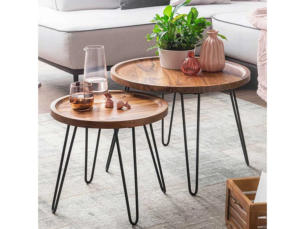 Salontisch aus Sheesham Massivholz und Edelstahl rund