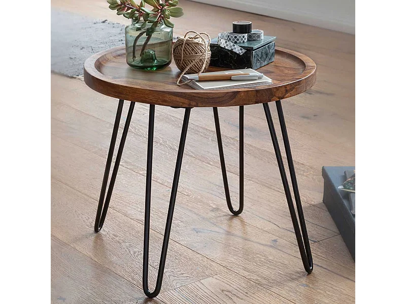 Salontisch aus Sheesham Massivholz und Edelstahl rund