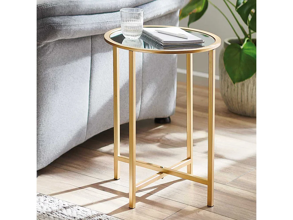 Rundtisch aus Metall und Spiegelglas Goldfarben