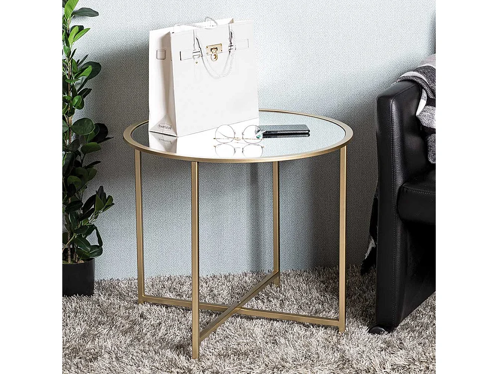 Rundtisch aus Metall und Spiegelglas Goldfarben