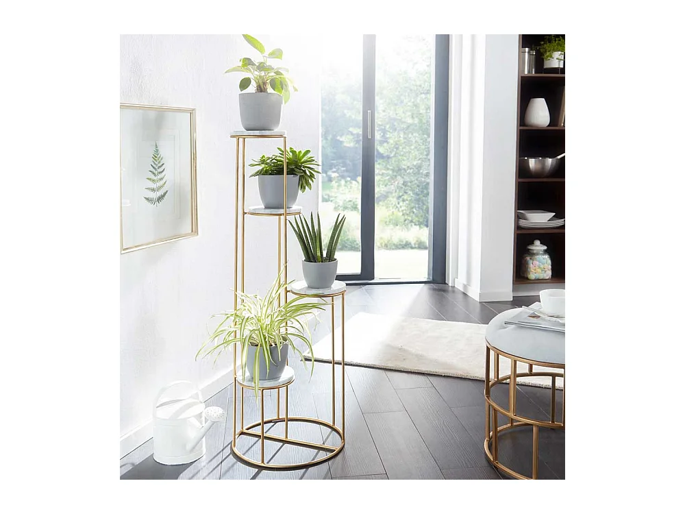 Pflanzensäule aus Metall in Gooldfarben Marmorplatten