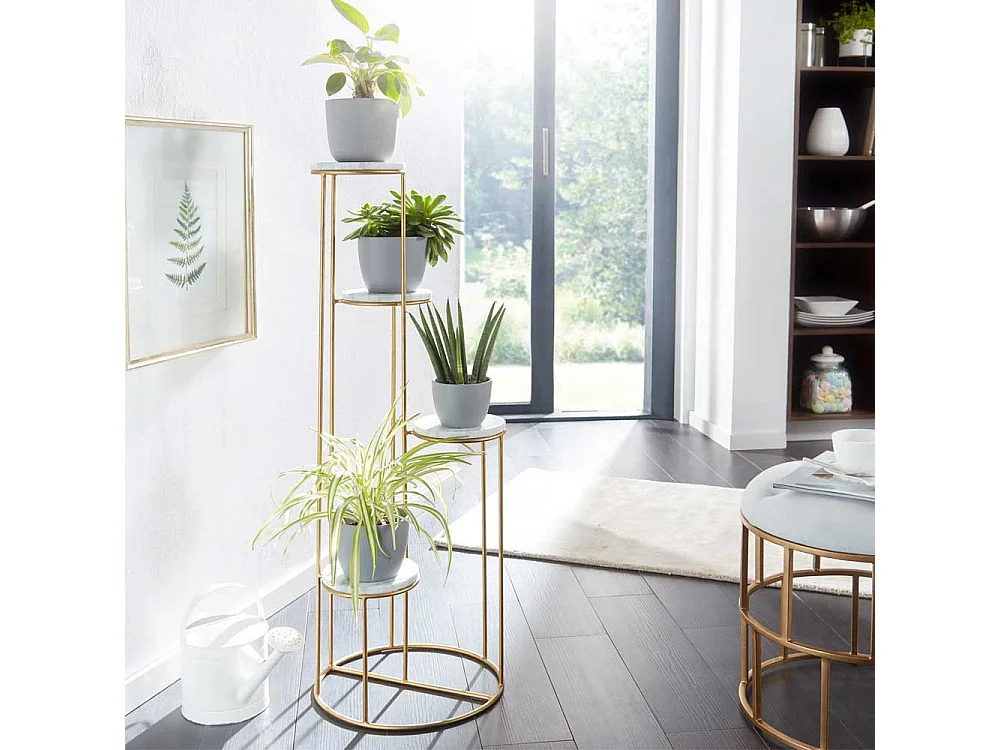 Pflanzensäule aus Metall in Gooldfarben Marmorplatten