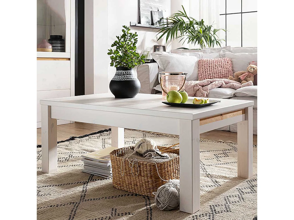 Wohnzimmertisch in Weiß und Eichefarben Kiefer Massivholz