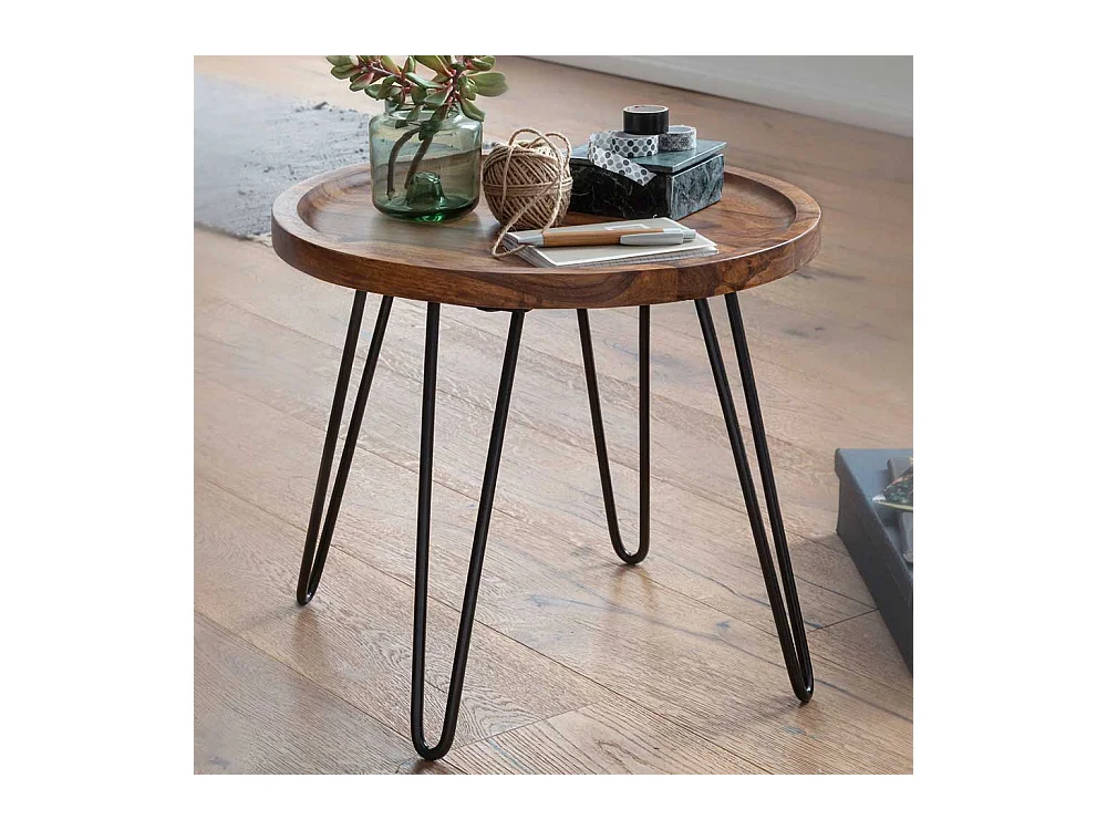 Salontisch aus Sheesham Massivholz und Edelstahl rund