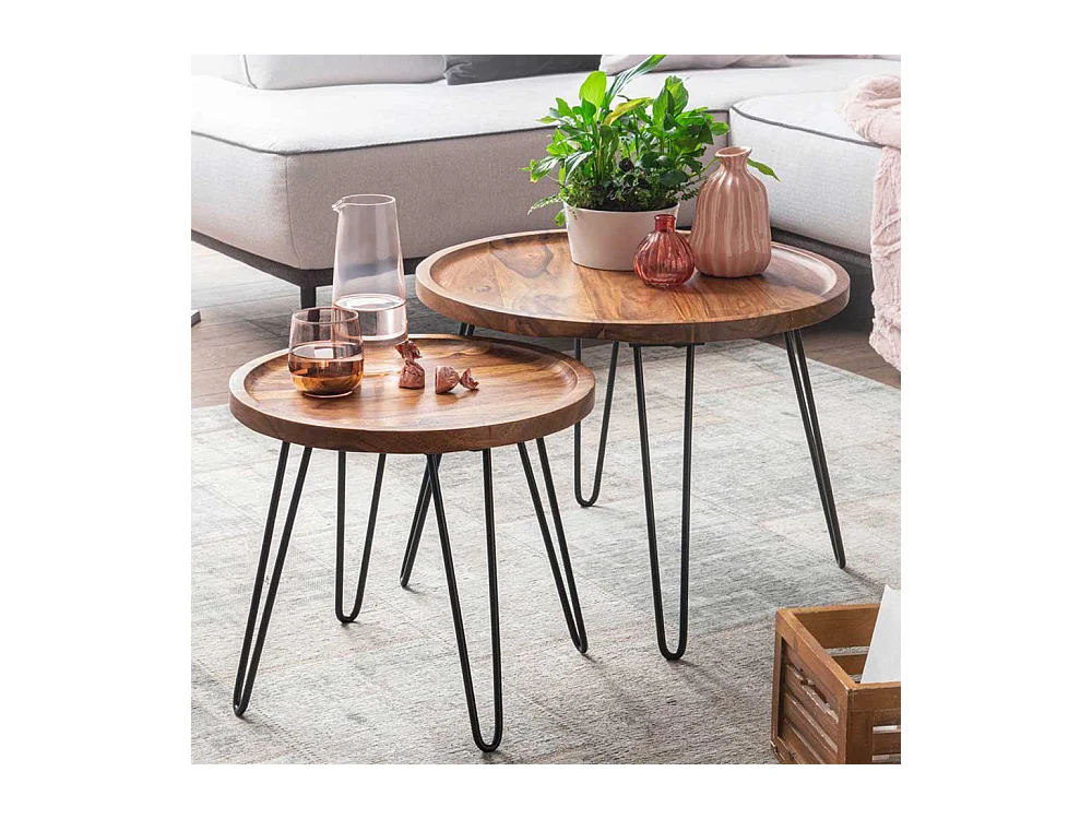 Salontisch aus Sheesham Massivholz und Edelstahl rund