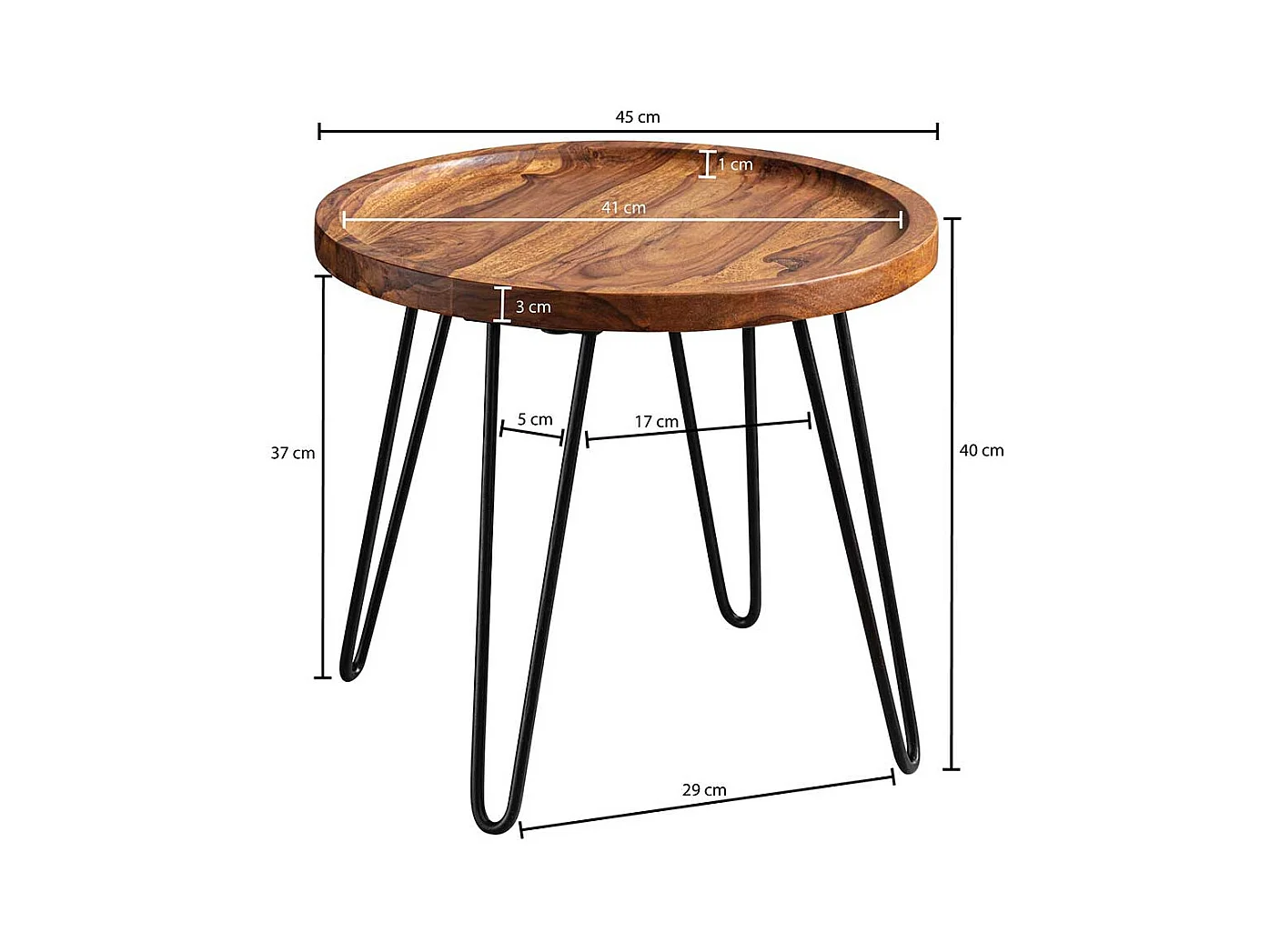 Salontisch aus Sheesham Massivholz und Edelstahl rund