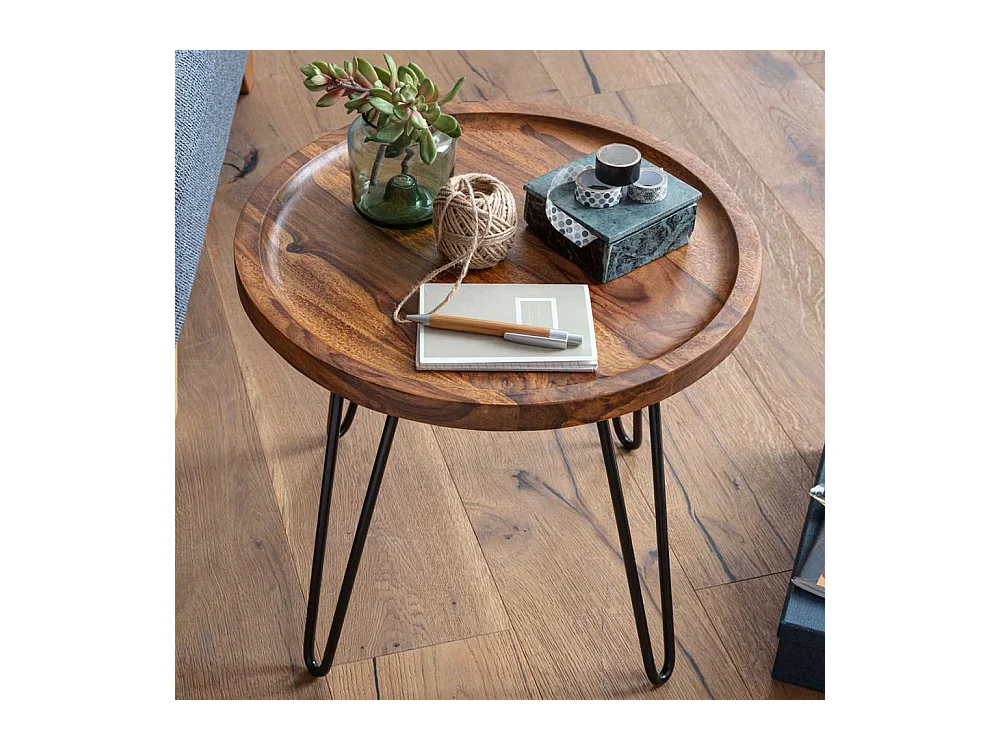 Salontisch aus Sheesham Massivholz und Edelstahl rund