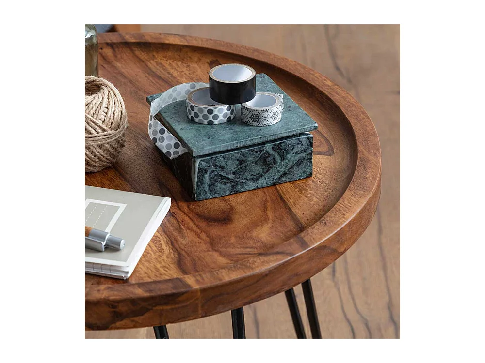 Salontisch aus Sheesham Massivholz und Edelstahl rund