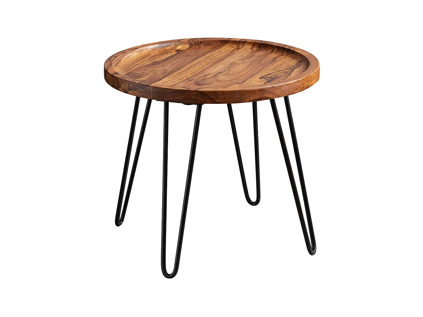 Salontisch aus Sheesham Massivholz und Edelstahl rund