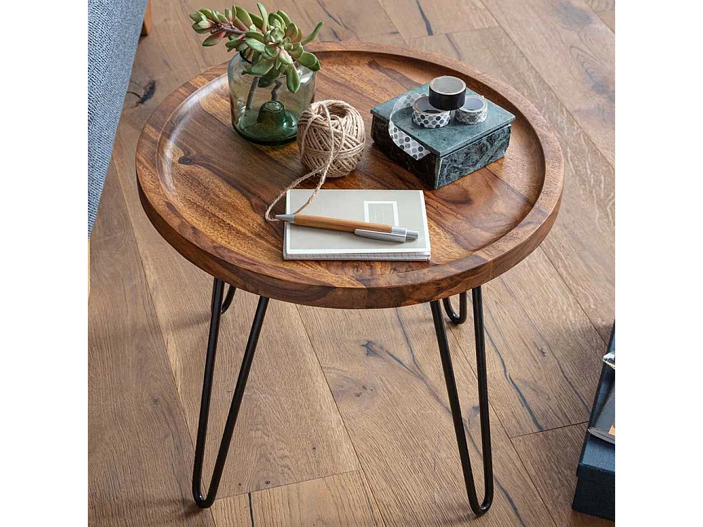 Salontisch aus Sheesham Massivholz und Edelstahl rund