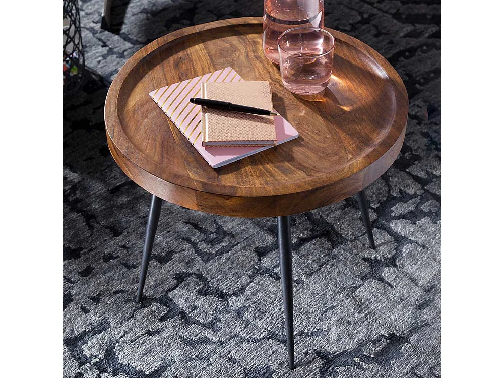 Runder Ablagetisch aus Sheesham Massivholz Eisen