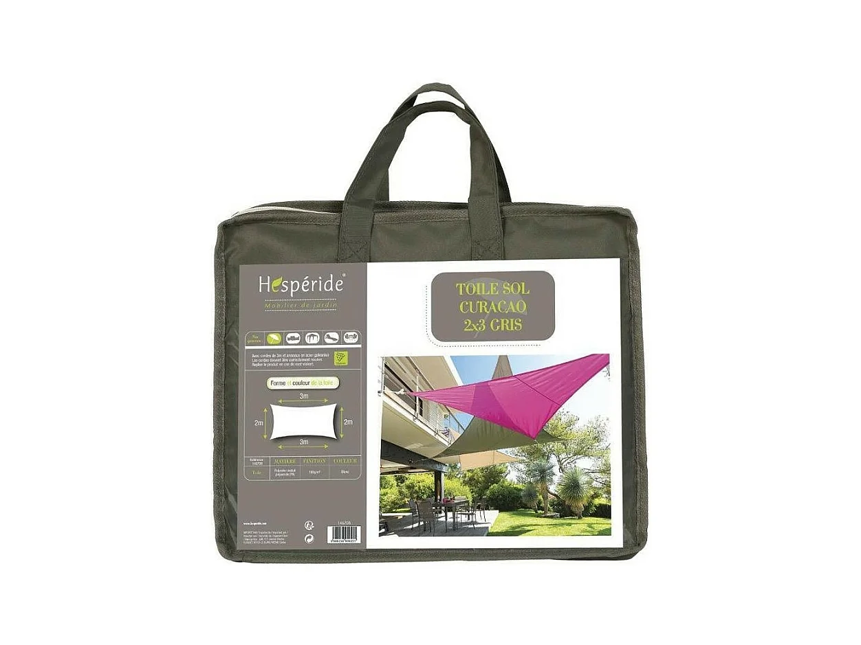 Toile solaire 3x2m Curacao gris Hespéride - Gris, forme rectangulaire  2 x 3m