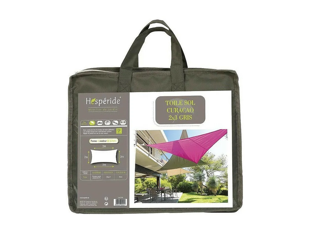 Toile solaire 3x2m Curacao gris Hespéride - Gris, forme rectangulaire  2 x 3m