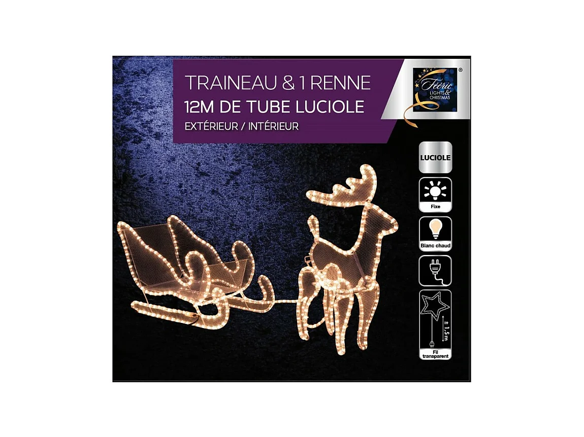 Déco Extérieur Intérieur Traineau et Renne en Tube Lumineux 240 LED Blanc chaud