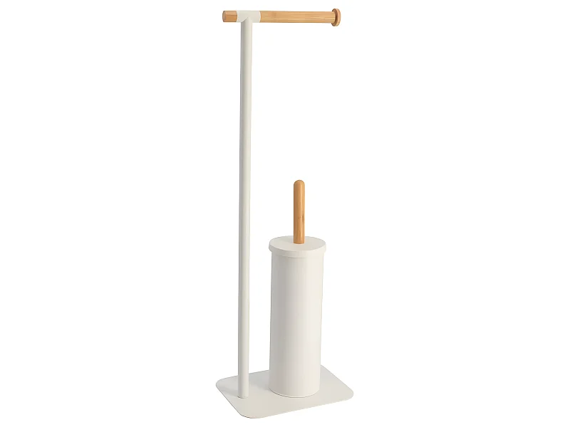 Brosse WC avec support et Dérouleur Papier toilette en métal Blanc et Bambou H 69.5 cm