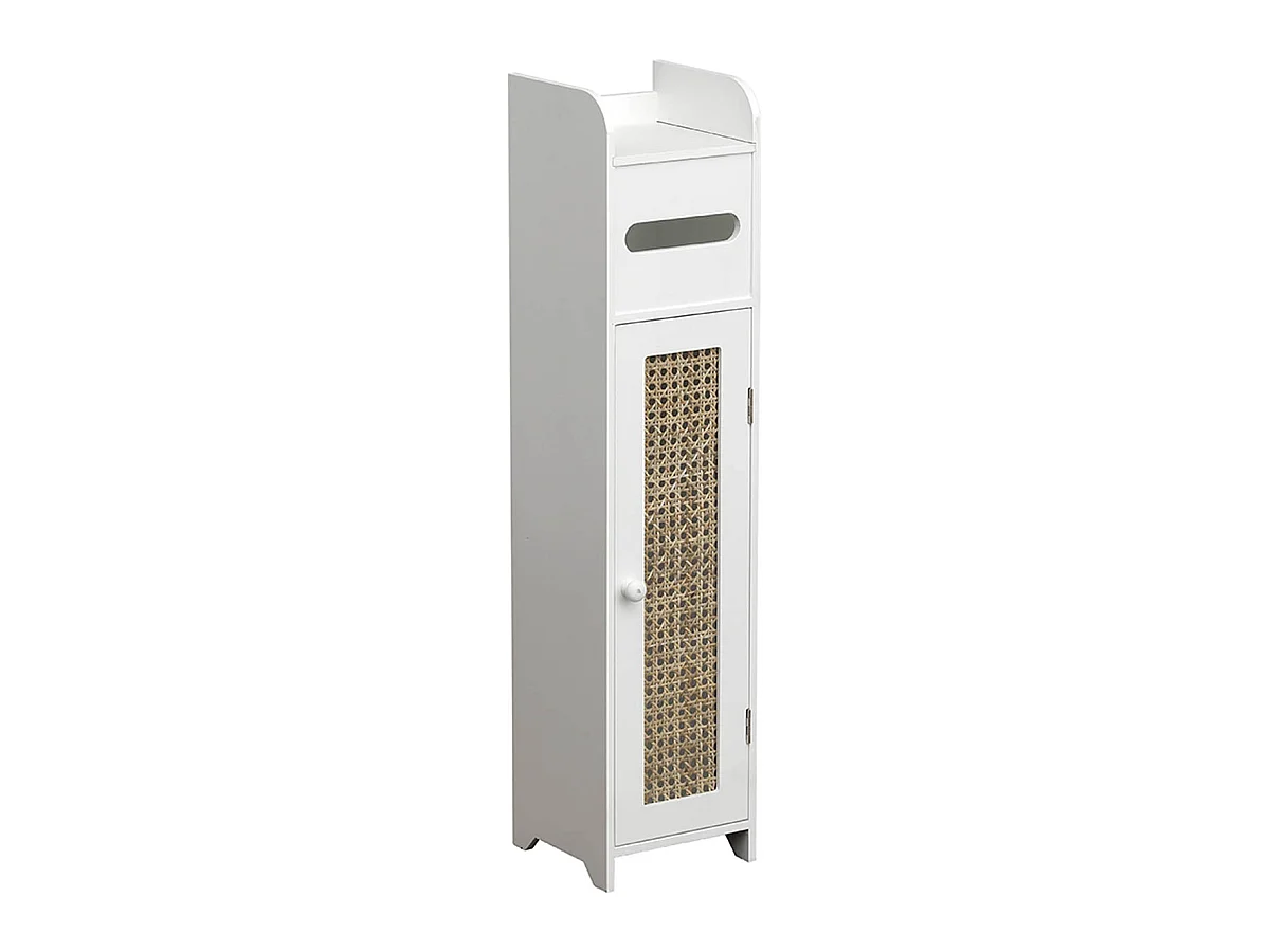 Meuble Réserve et Dérouleur de Papier WC en Bois Blanc et Cannage en Rotin Naturel