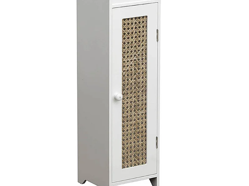 Meuble Réserve et Dérouleur de Papier WC en Bois Blanc et Cannage en Rotin Naturel