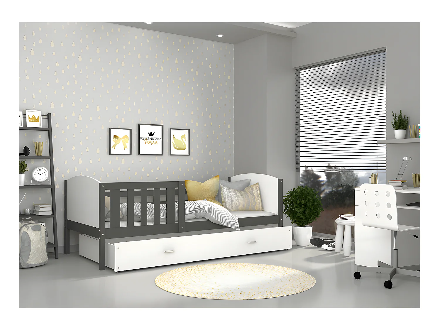 Lit Enfant Tami 90x190 ( Sans Matelas ) Gris - blanc Livré avec le sommiers et tiroir.