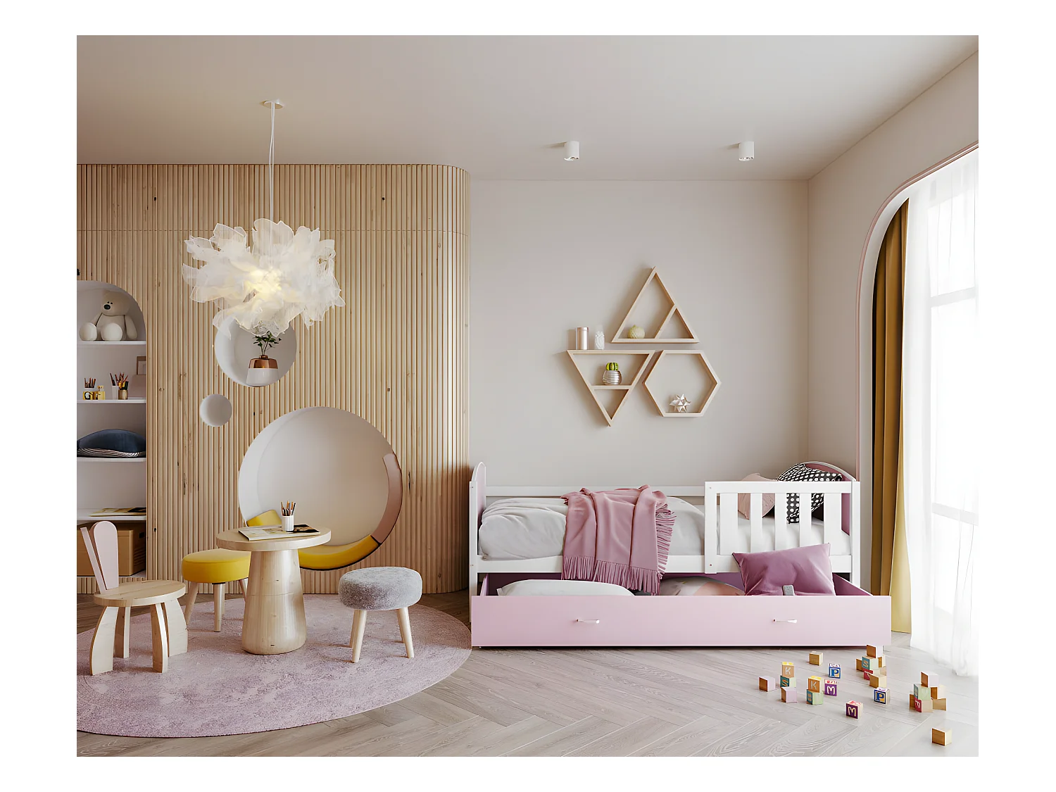 Lit Enfant Tami 90x190 ( Sans Matelas ) Blanc - rose Livré avec le sommiers et tiroir.