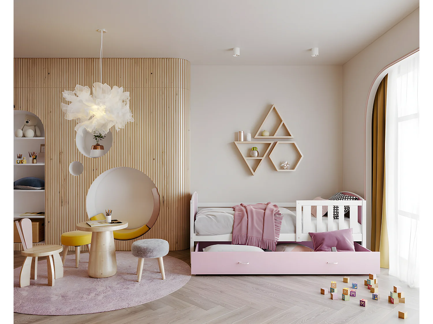 Lit Enfant Tami 90x190 ( Sans Matelas ) Blanc - rose Livré avec le sommiers et tiroir.