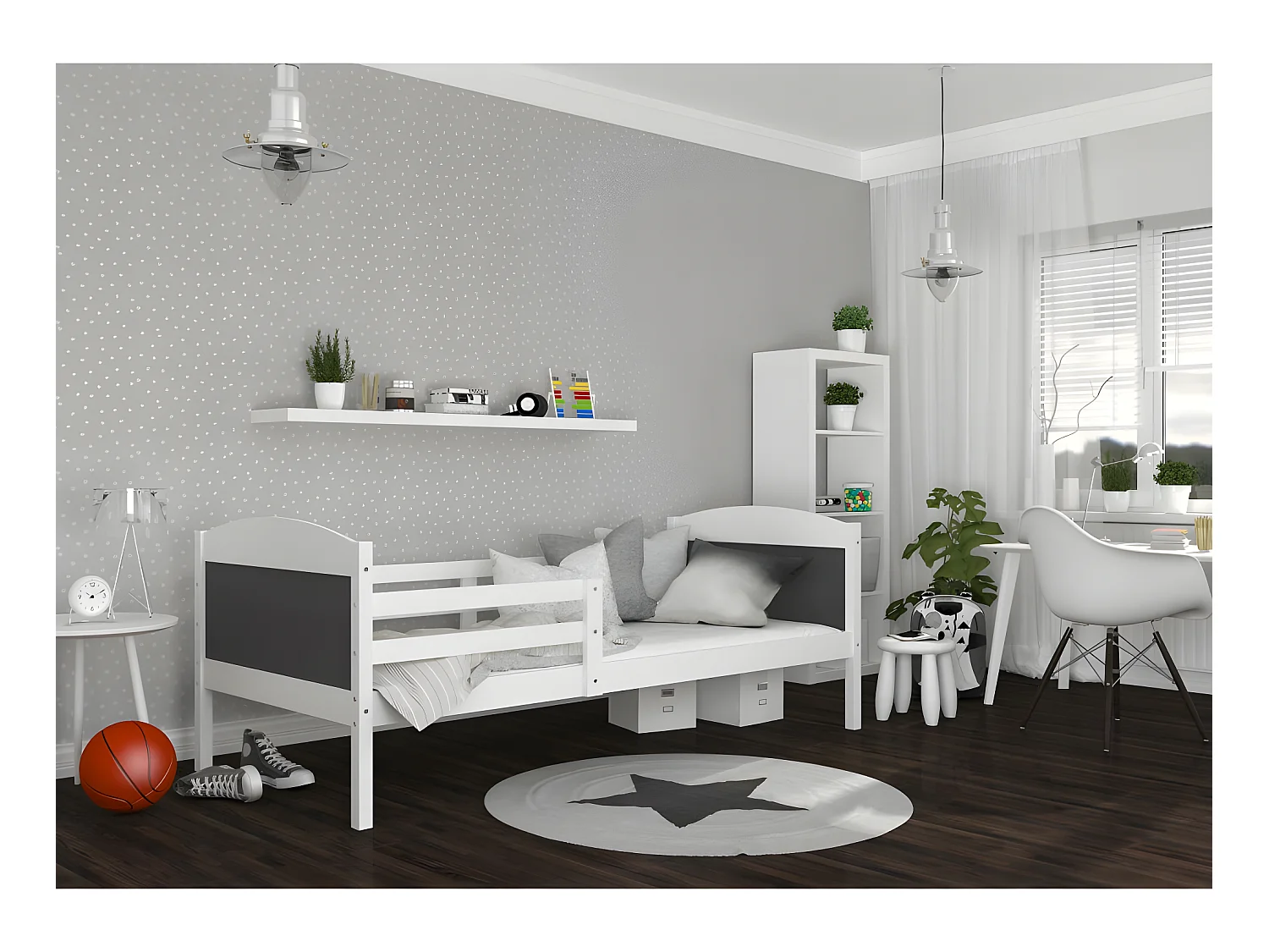 Lit Enfant Mati 90x190 Blanc - gris Livré avec sommiers