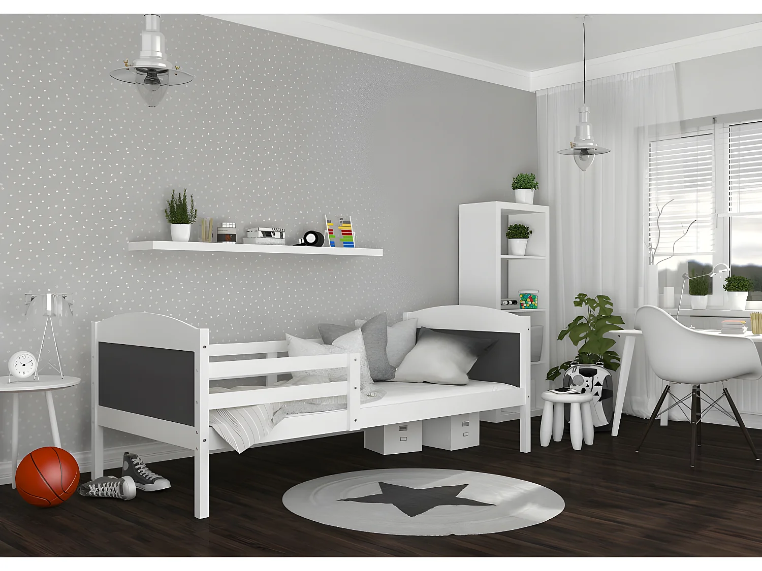 Lit Enfant Mati 90x190 Blanc - gris Livré avec sommiers