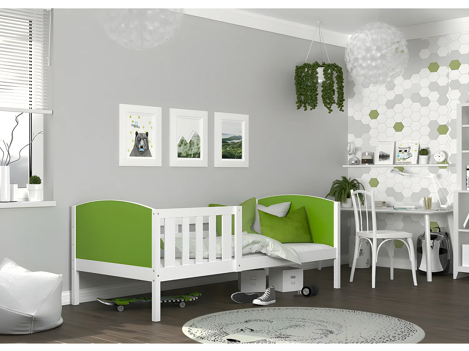 Lit Enfant Tom 90x190 Blanc - vert Livré avec sommiers