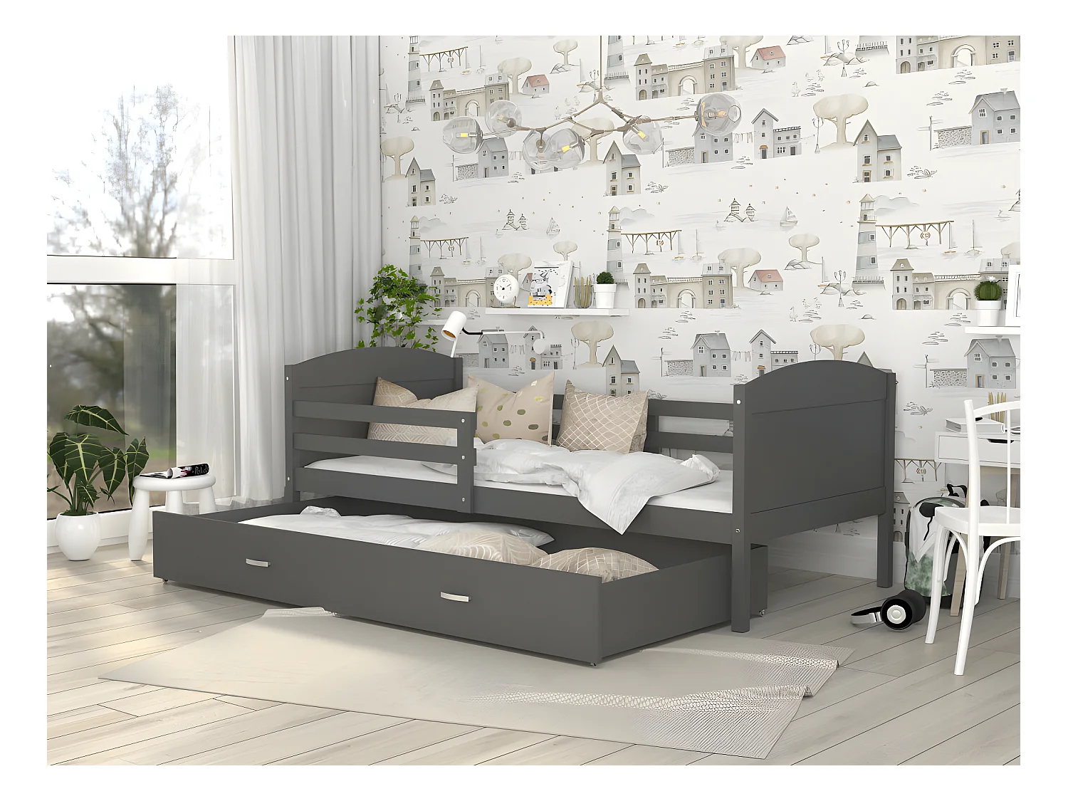 Lit Enfant Matis 90x190  ( Sans Matelas ) Gris - gris Livré avec le sommiers et tiroir.