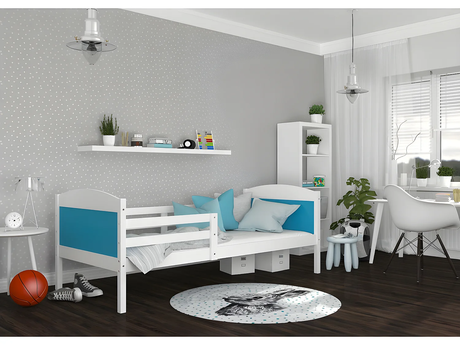 Lit Enfant Mati 90x190 Blanc - bleu Livré avec sommiers