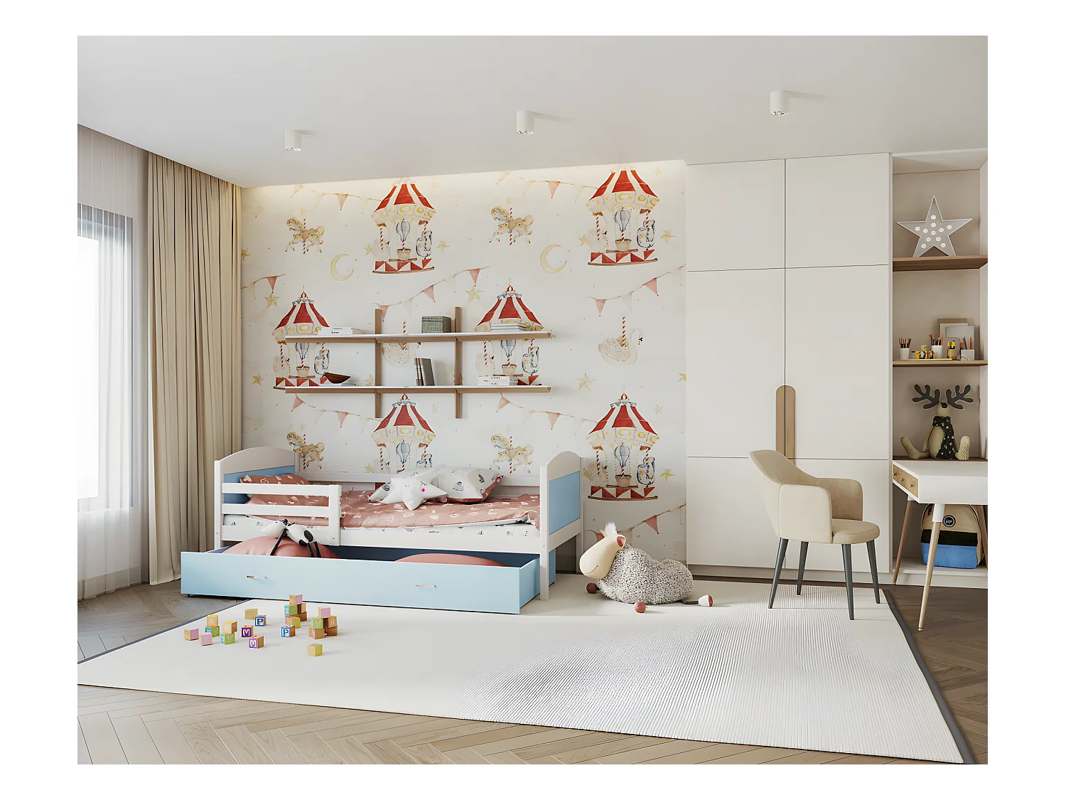 Lit Enfant Mateo 90x190 Blanc - bleu Livré avec sommiers, tiroir et matelas en mousse de 7cm