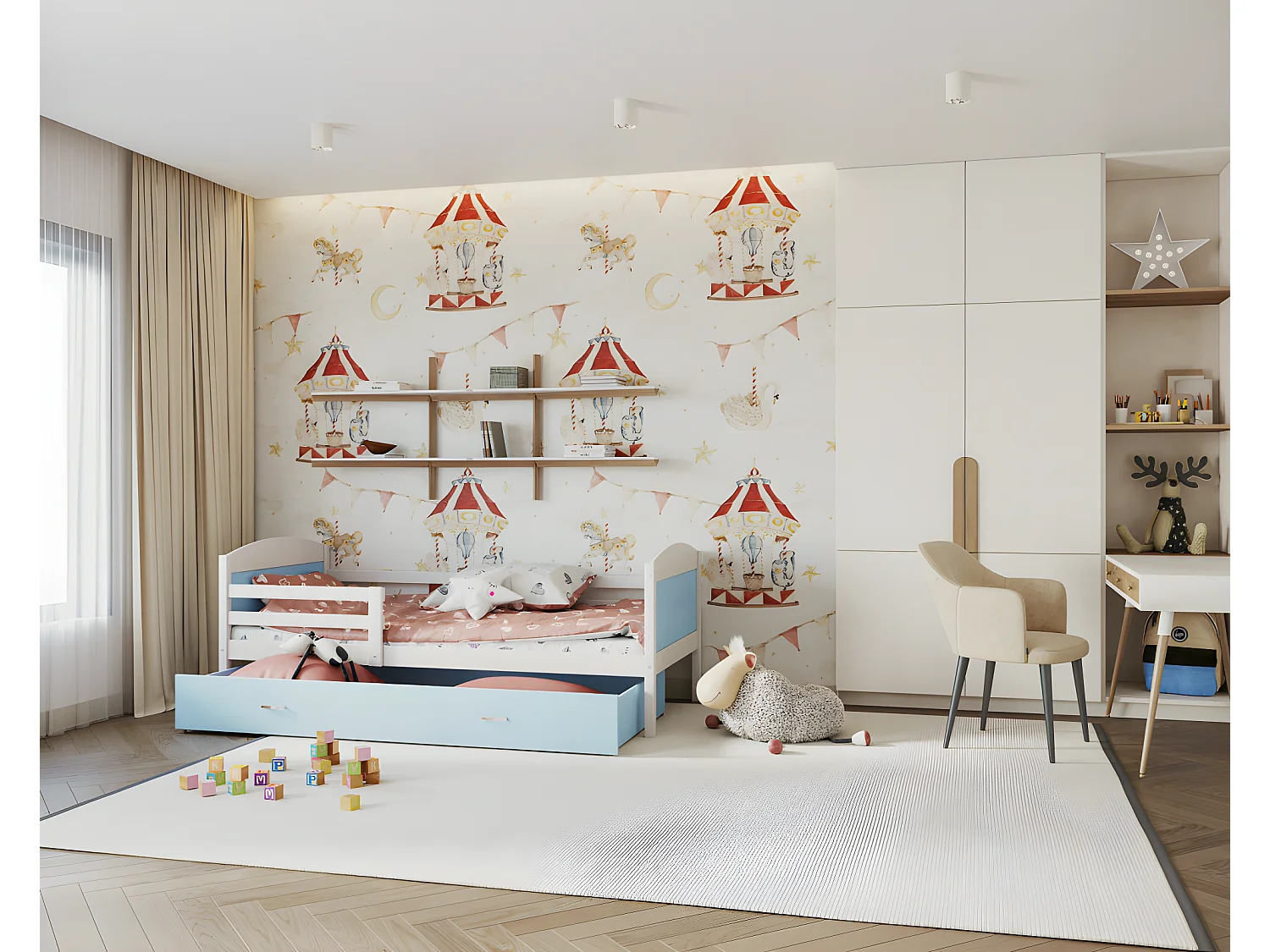 Lit Enfant Mateo 90x190 Blanc - bleu Livré avec sommiers, tiroir et matelas en mousse de 7cm