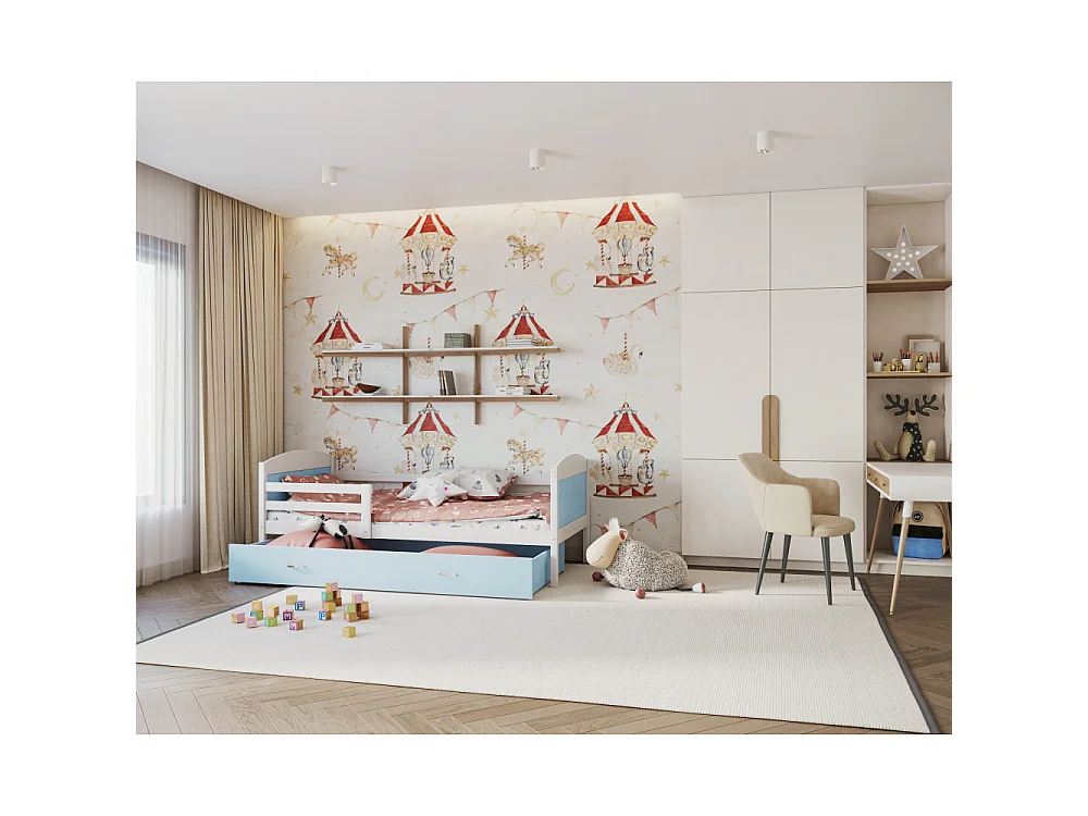 Lit Enfant Mateo 90x190 tiroir + Matelas Blanc - bleu