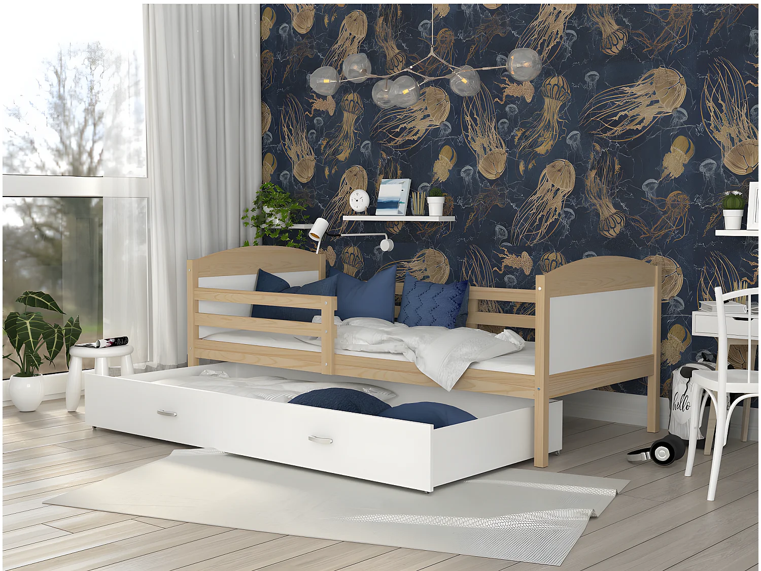 Lit Enfant Mateo 90x190 Pin - blanc Livré avec sommiers, tiroir et matelas en mousse de 7cm