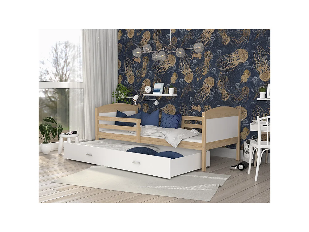 Lit Enfant Mateo 90x190 Pin - blanc Livré avec sommiers, tiroir et matelas en mousse de 7cm