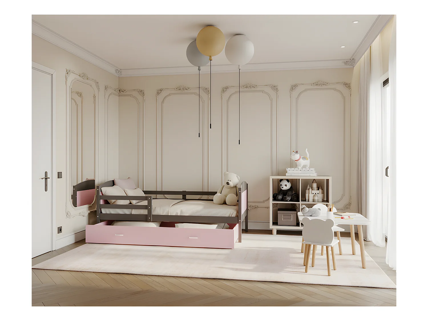 Lit Enfant Mateo 90x190 Gris - rose Livré avec sommiers, tiroir et matelas en mousse de 7cm