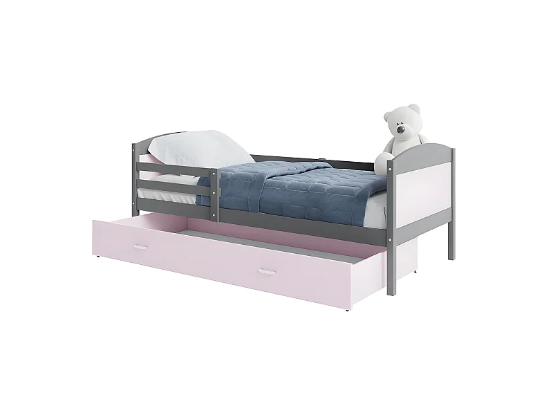 Lit Enfant Mateo 90x190 Gris - rose Livré avec sommiers, tiroir et matelas en mousse de 7cm