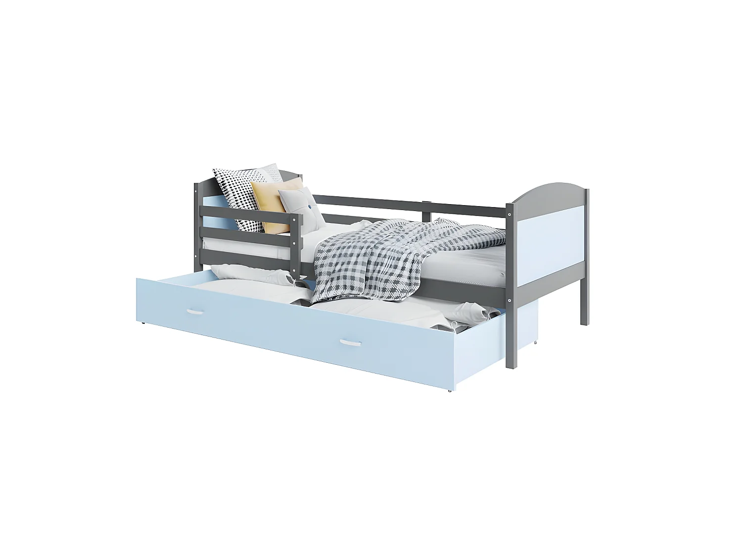 Lit Enfant Mateo 90x190 Gris - bleu Livré avec sommiers, tiroir et matelas en mousse de 7cm