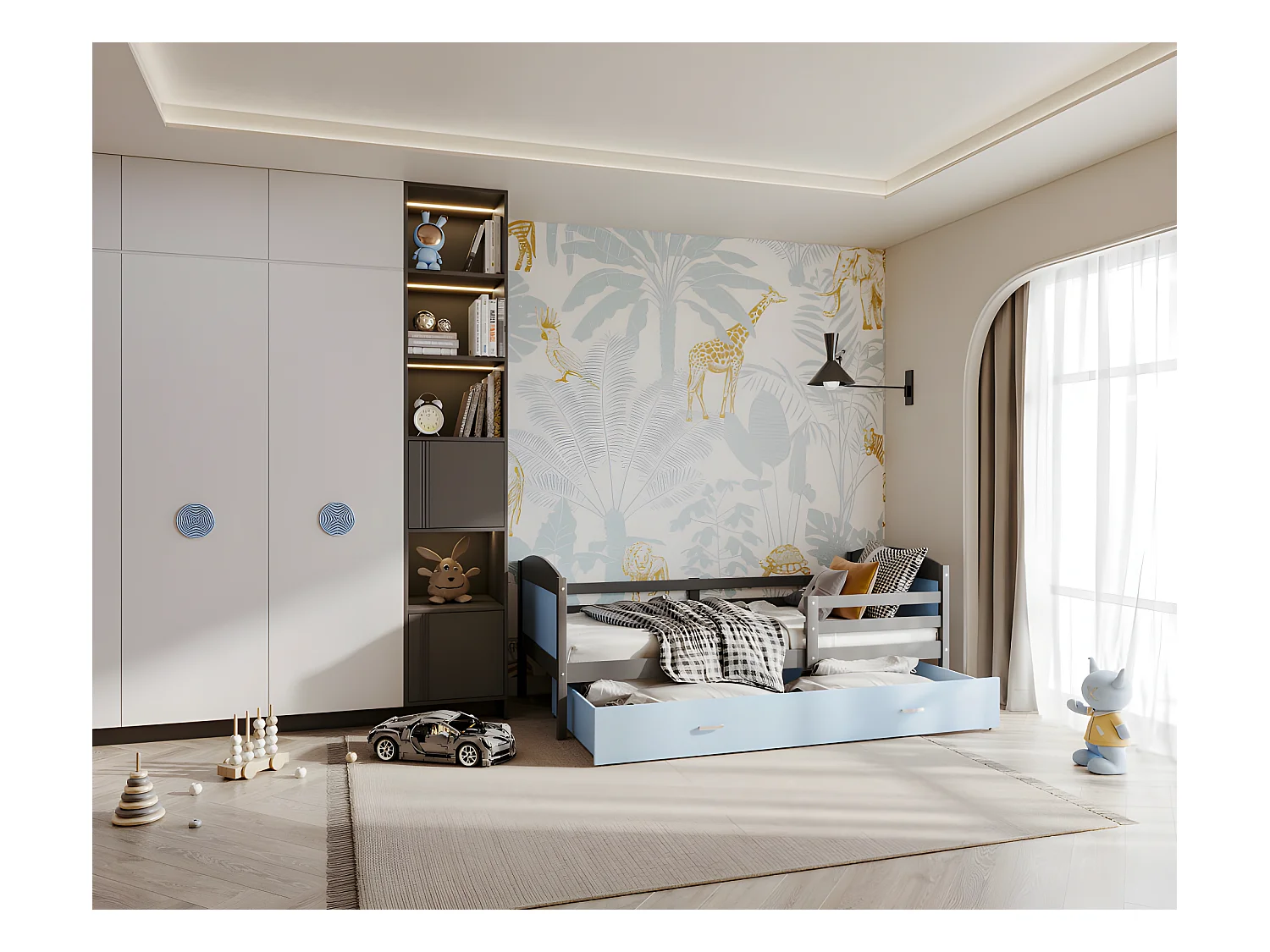 Lit Enfant Mateo 90x190 Gris - bleu Livré avec sommiers, tiroir et matelas en mousse de 7cm