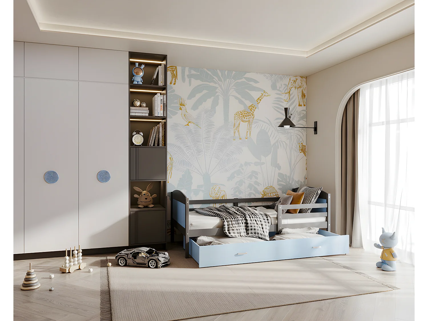 Lit Enfant Mateo 90x190 Gris - bleu Livré avec sommiers, tiroir et matelas en mousse de 7cm