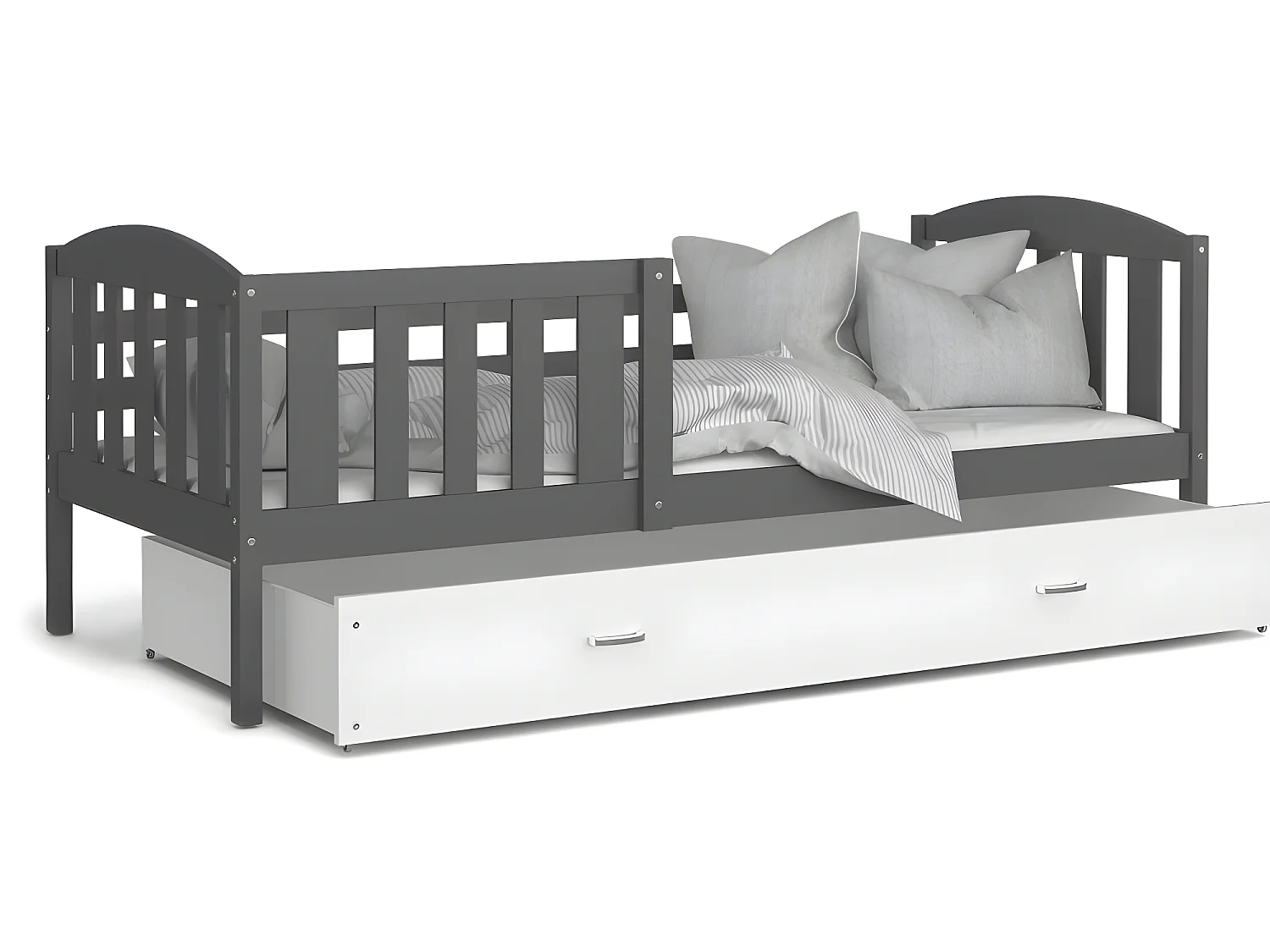 Lit Enfant Teo 90x190 Gris - blanc Livré avec sommiers, tiroir et matelas en mousse de 7cm