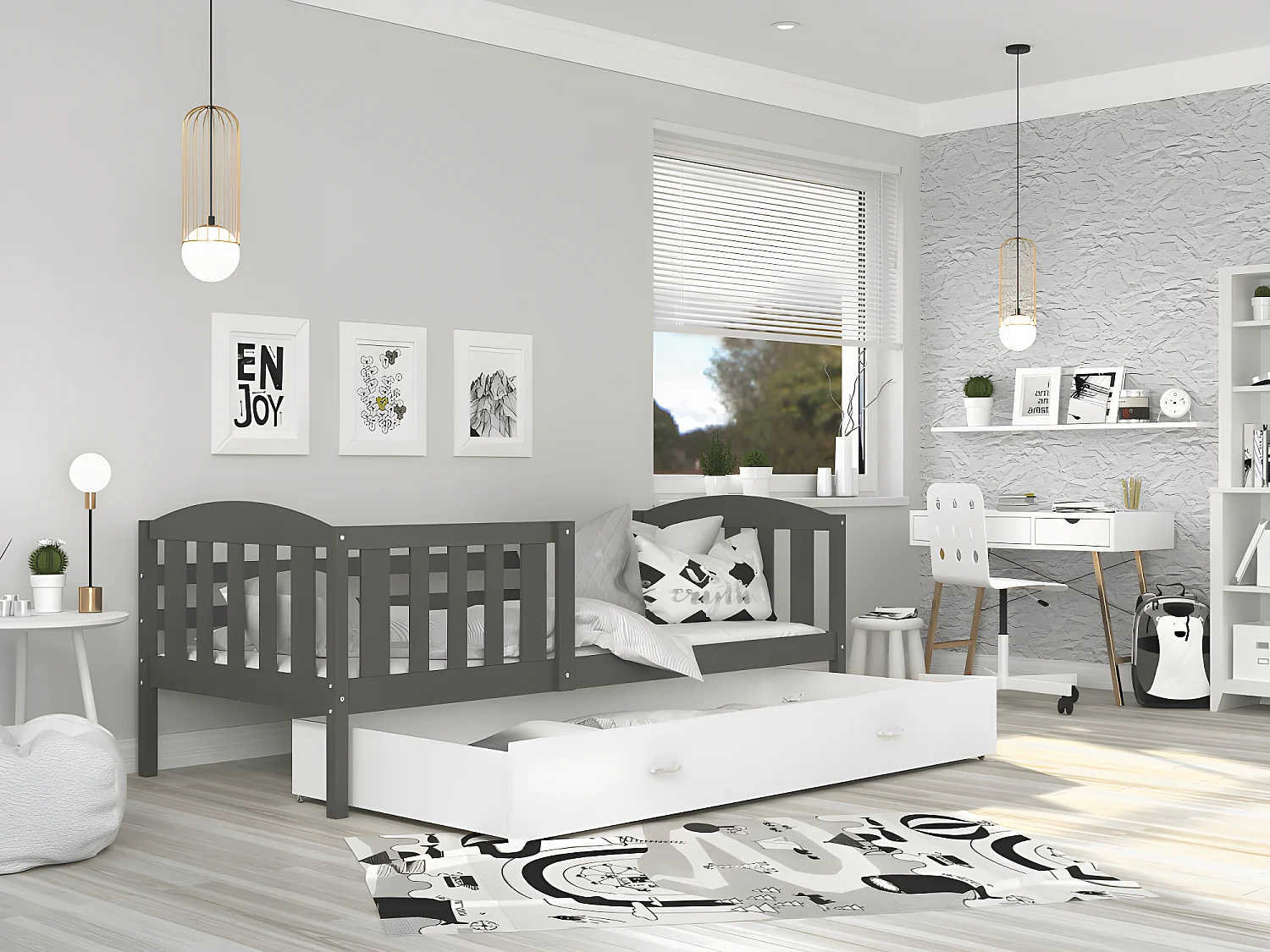 Lit Enfant Teo 90x190 Gris - blanc Livré avec sommiers, tiroir et matelas en mousse de 7cm