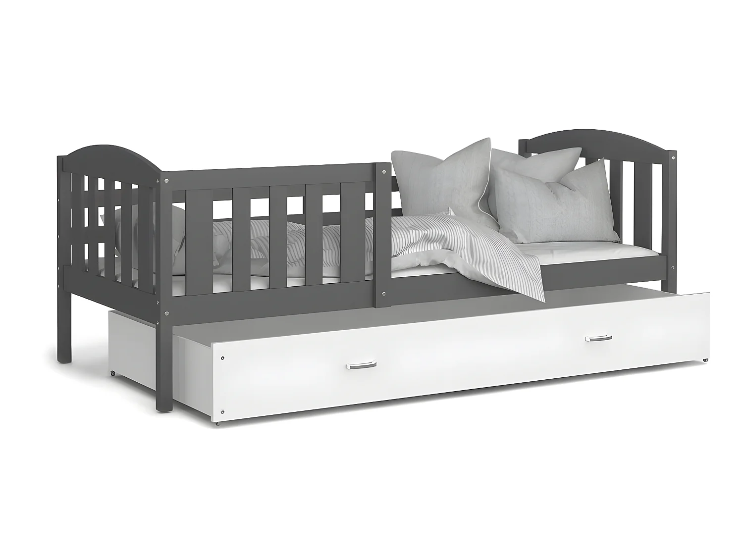 Lit Enfant Teo 90x190 Gris - blanc Livré avec sommiers, tiroir et matelas en mousse de 7cm