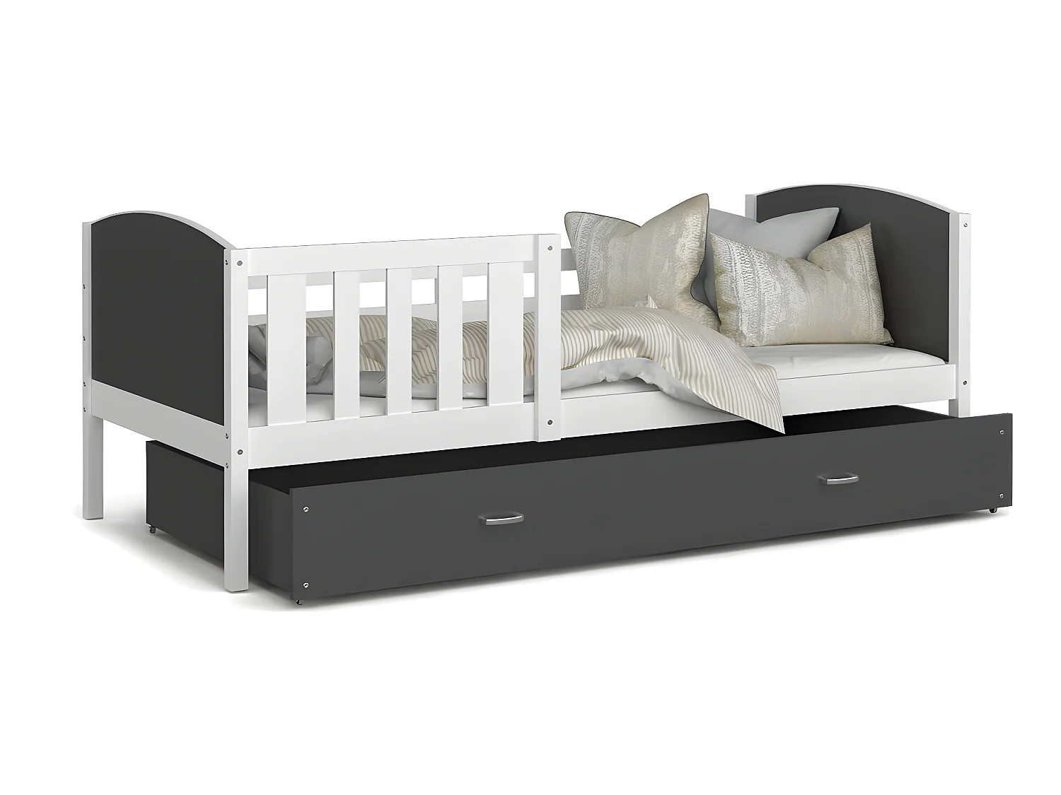 Lit Enfant Tomy 90x190 Blanc - gris Livré avec sommiers, tiroir et matelas en mousse de 7cm